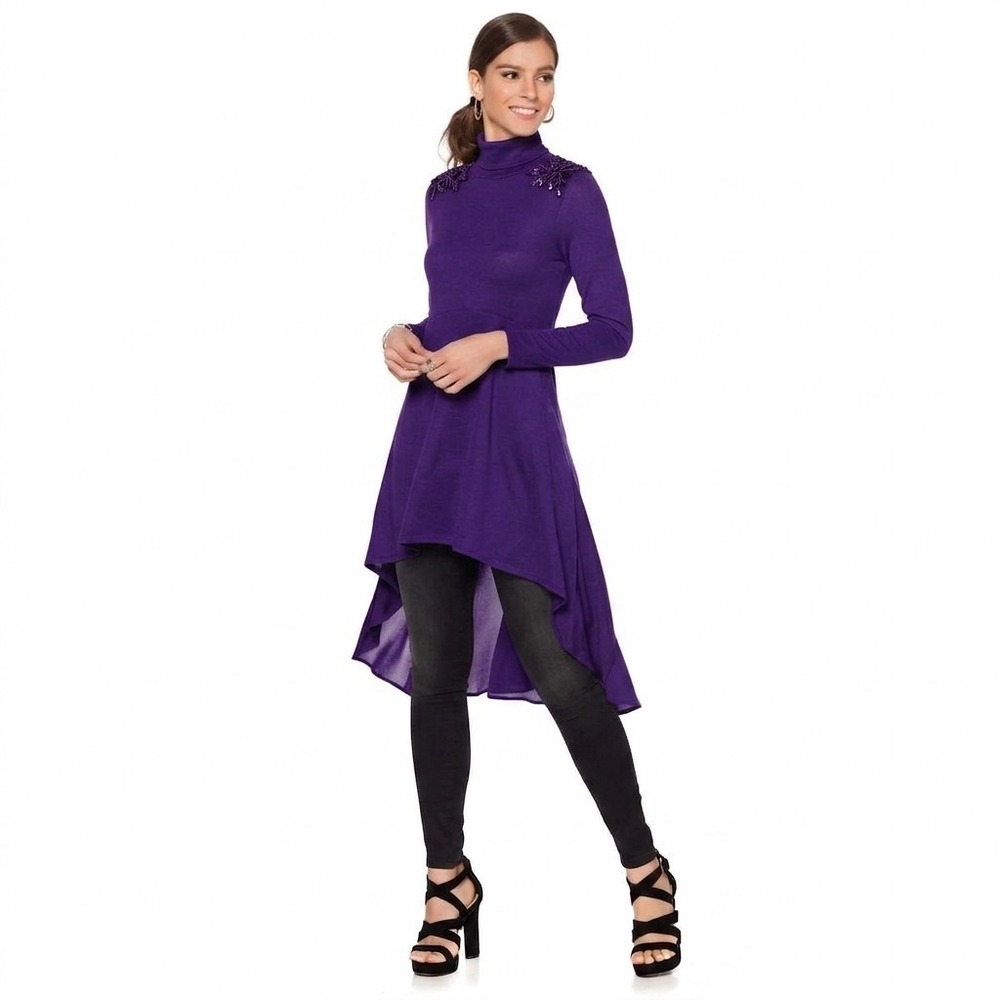 Colleen Lopez L‎ Purple Turtleneck High Low Tunic Swing Dress Velvet Accents